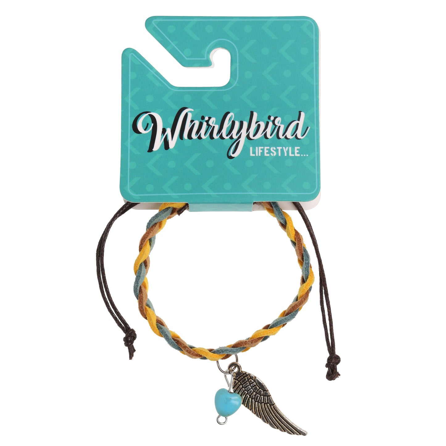 Whirlybird Teal, Brown And Mustard Braided Lifestyle Bracelet With A Silver Angel Wing Charm