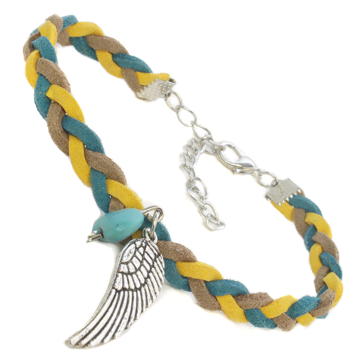 Whirlybird Teal, Brown And Mustard Braided Lifestyle Bracelet With A Silver Angel Wing Charm