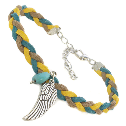 Whirlybird Teal, Brown And Mustard Braided Lifestyle Bracelet With A Silver Angel Wing Charm