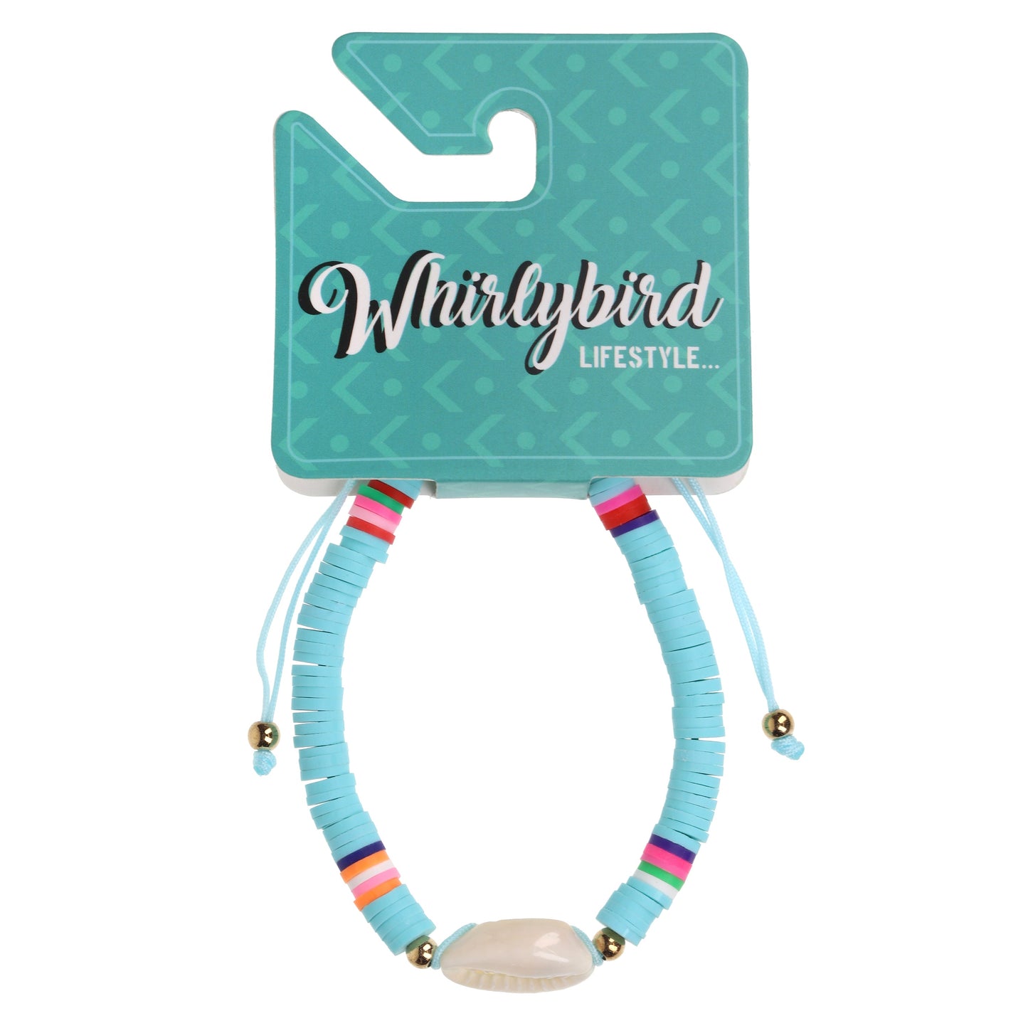 WBL20 - Whirlybird Sky Blue Bracelet With Multicoloured Beads And A Shell Charm