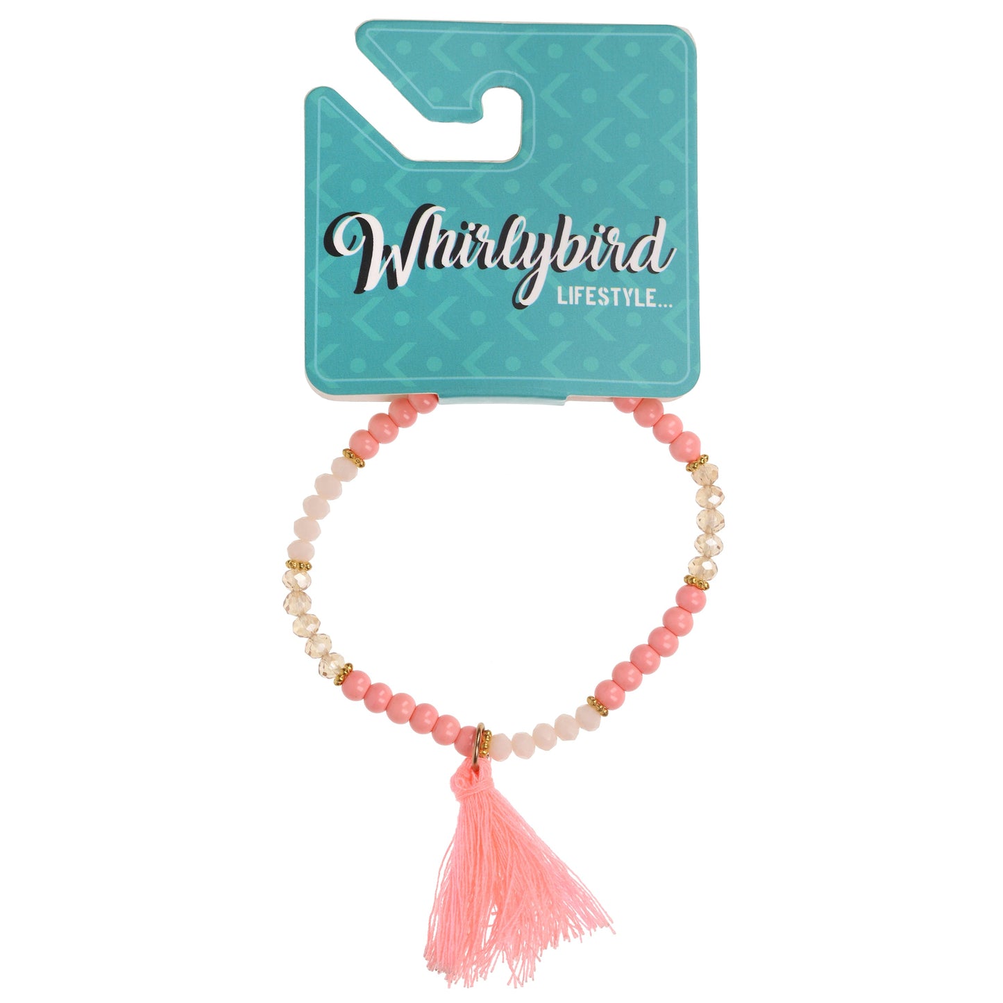 WBL30 - Whirlybird Pink, White And Gold Beaded Bracelet With A Pink Tassel