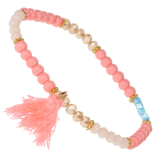 Whirlybird Pink, White And Gold Beaded Bracelet With A Pink Tassel