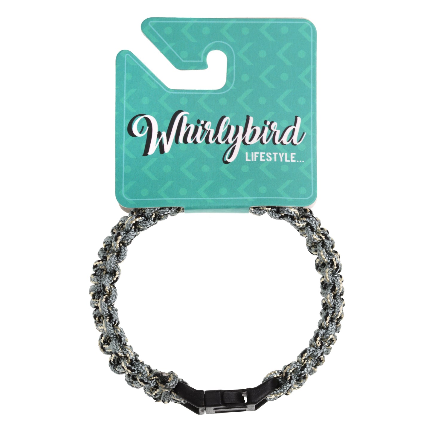 WBL36 - Whirlybird Chunky Teal, Black And Cream Braided Lifestyle Bracelet With A Black Release Buckle
