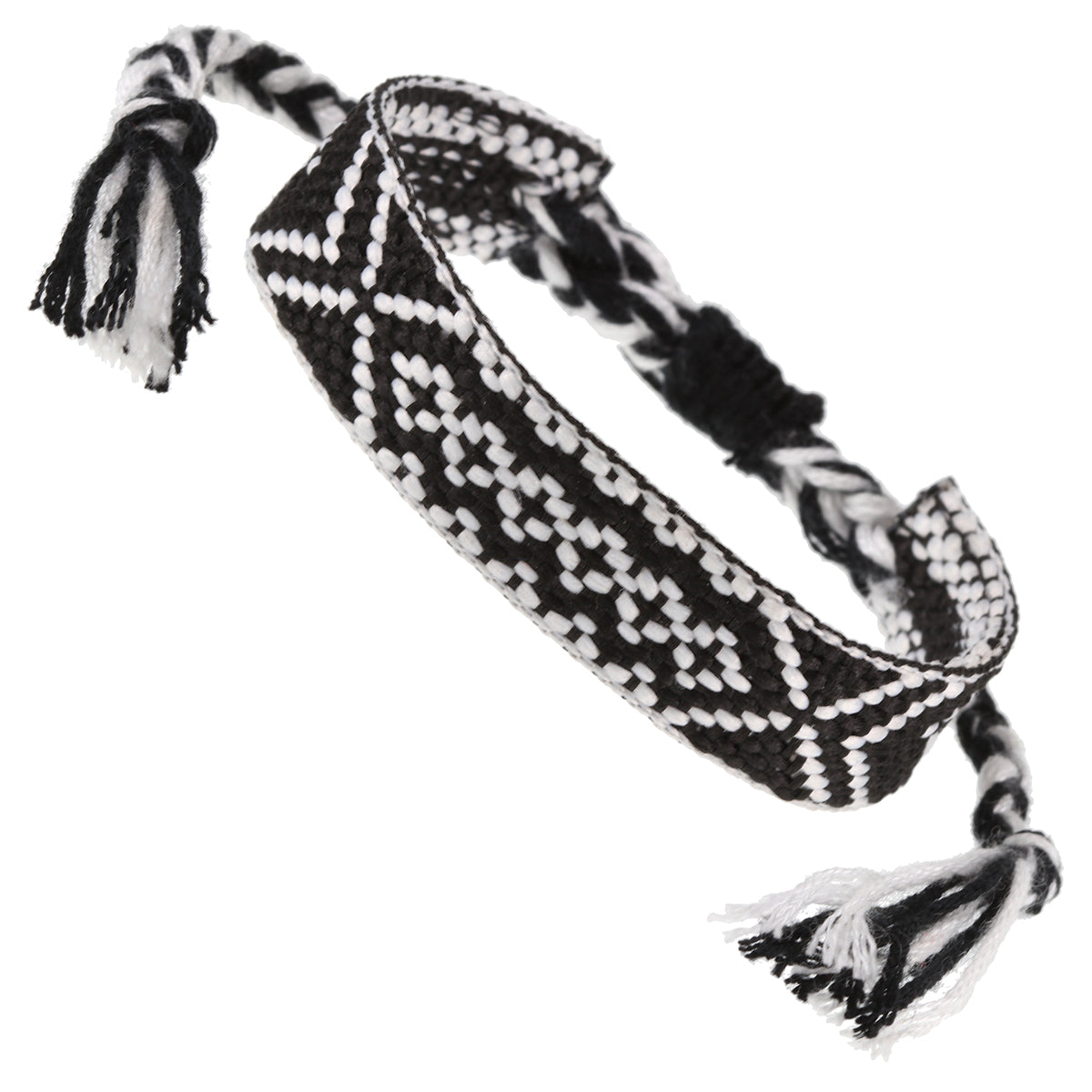 Whirlybird Black And White Patterned Cotton Lifestyle Bracelet With Tassels