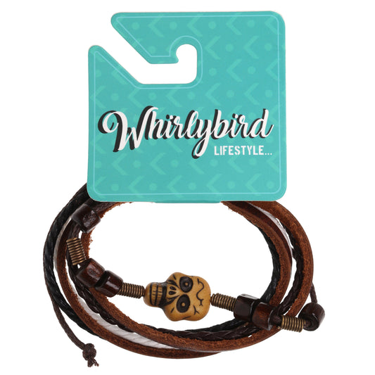 Whirlybird Brown And Cream Lifestyle Bracelet With A Skull Charm And Wooden Beads