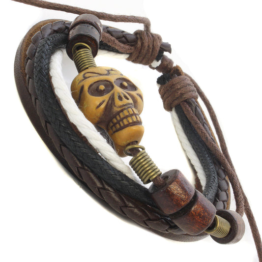 Whirlybird Brown And Cream Lifestyle Bracelet With A Skull Charm And Wooden Beads