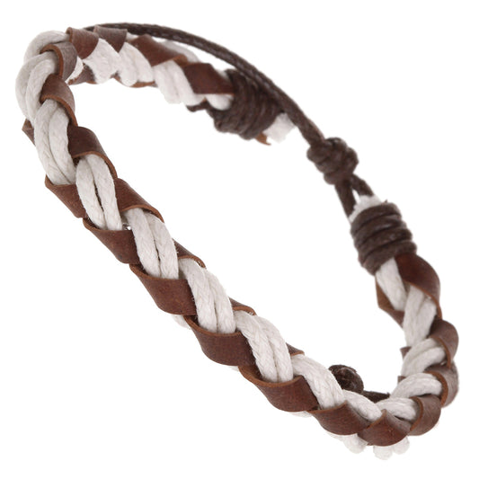 Whirlybird Brown Leather And White Cotton Braided Lifestyle Bracelet