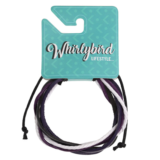 WBL43 - Whirlybird Black Leather Lifestyle Bracelet With Purple And White Strands