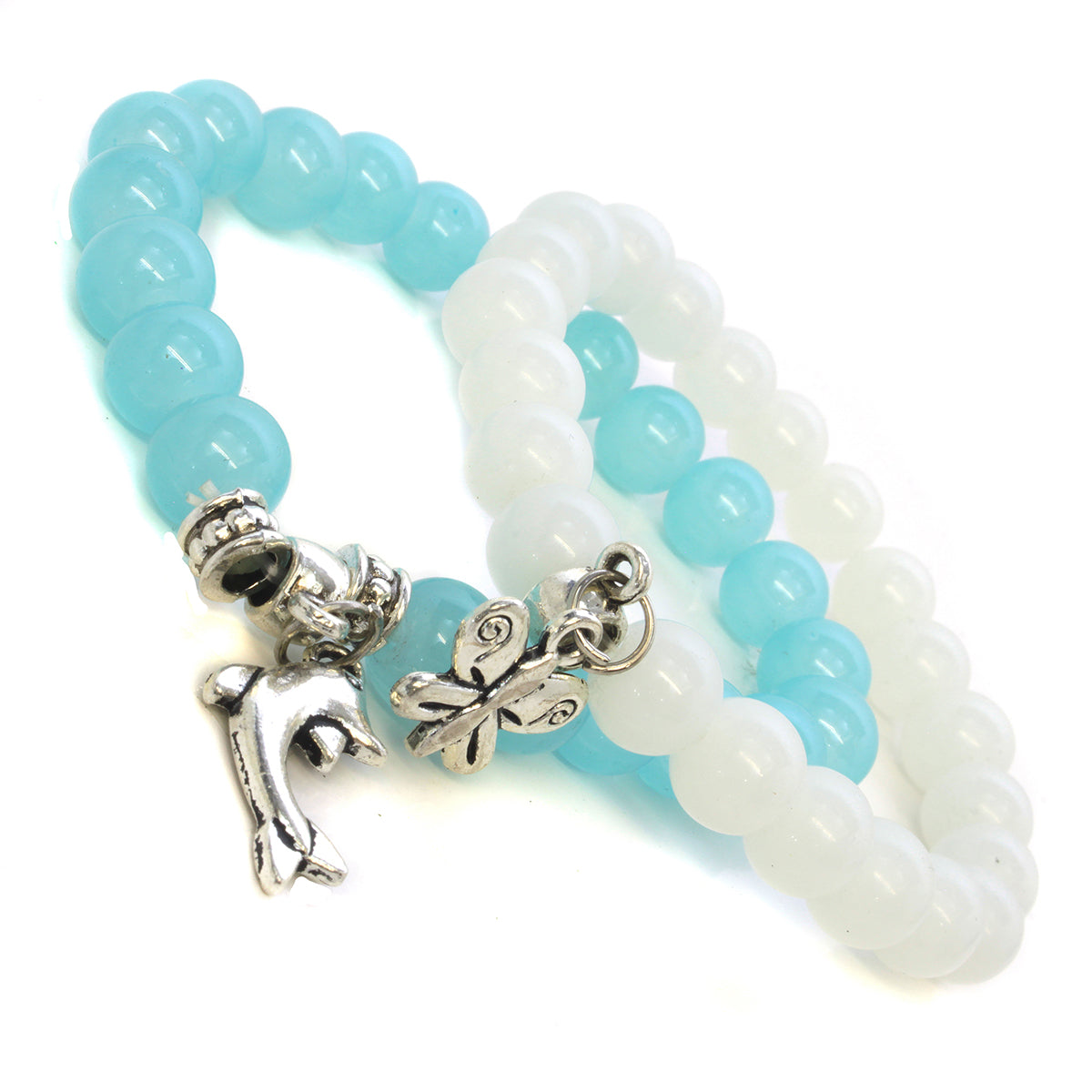 WBL50 - Whirlybird White Beaded Bracelet With A Butterfly Charm OR A Blue Beaded Bracelet With A Dolphin Charm