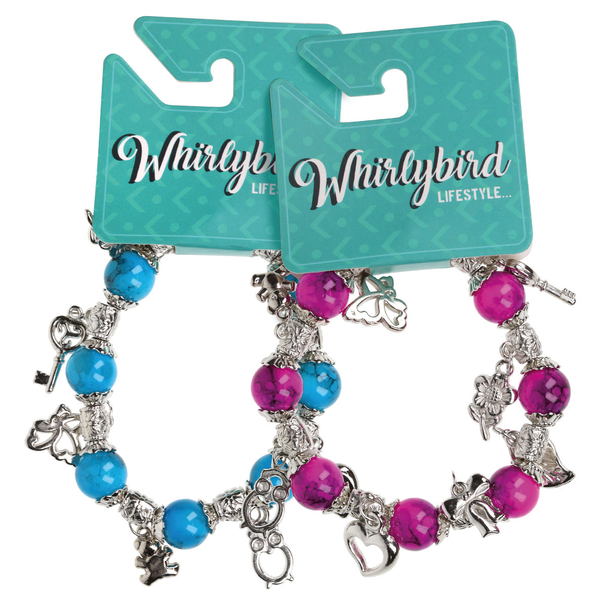 Whirlybird Pink OR Blue Beaded Bracelet With Varied Silver Charms