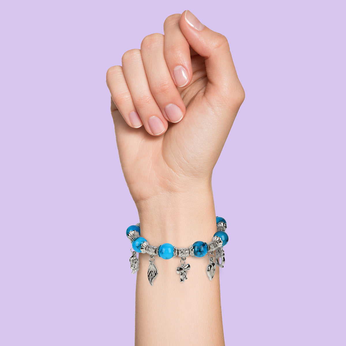 Whirlybird Pink OR Blue Beaded Bracelet With Varied Silver Charms