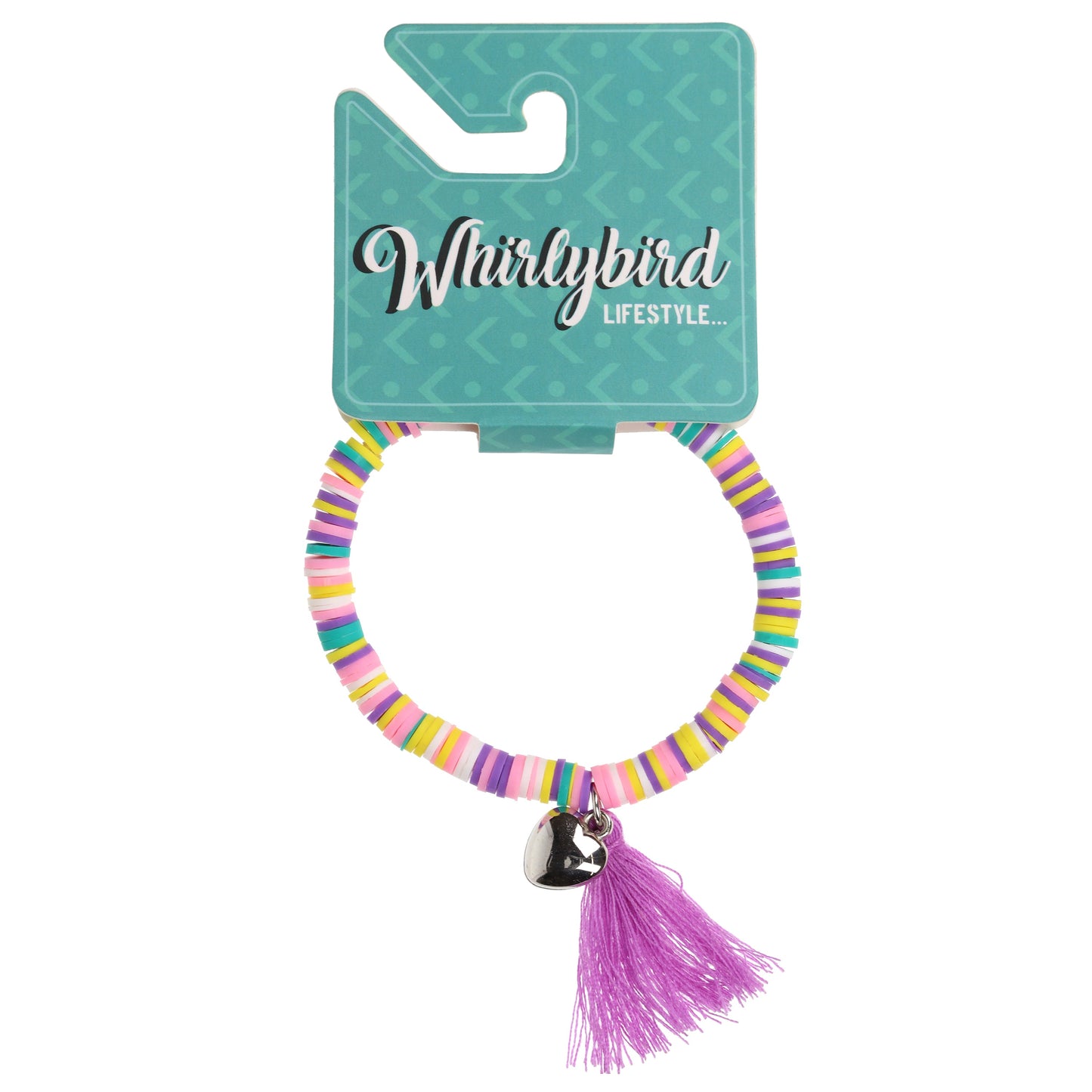 WBL56 - Whirlybird Multicoloured Beaded Lifestyle Bracelet With A Silver Heart Charm And A Purple Tassel