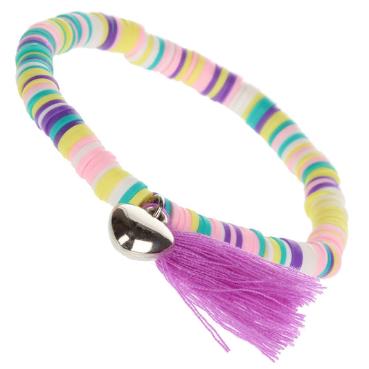 Whirlybird Multicoloured Beaded Lifestyle Bracelet With A Silver Heart Charm And A Purple Tassel