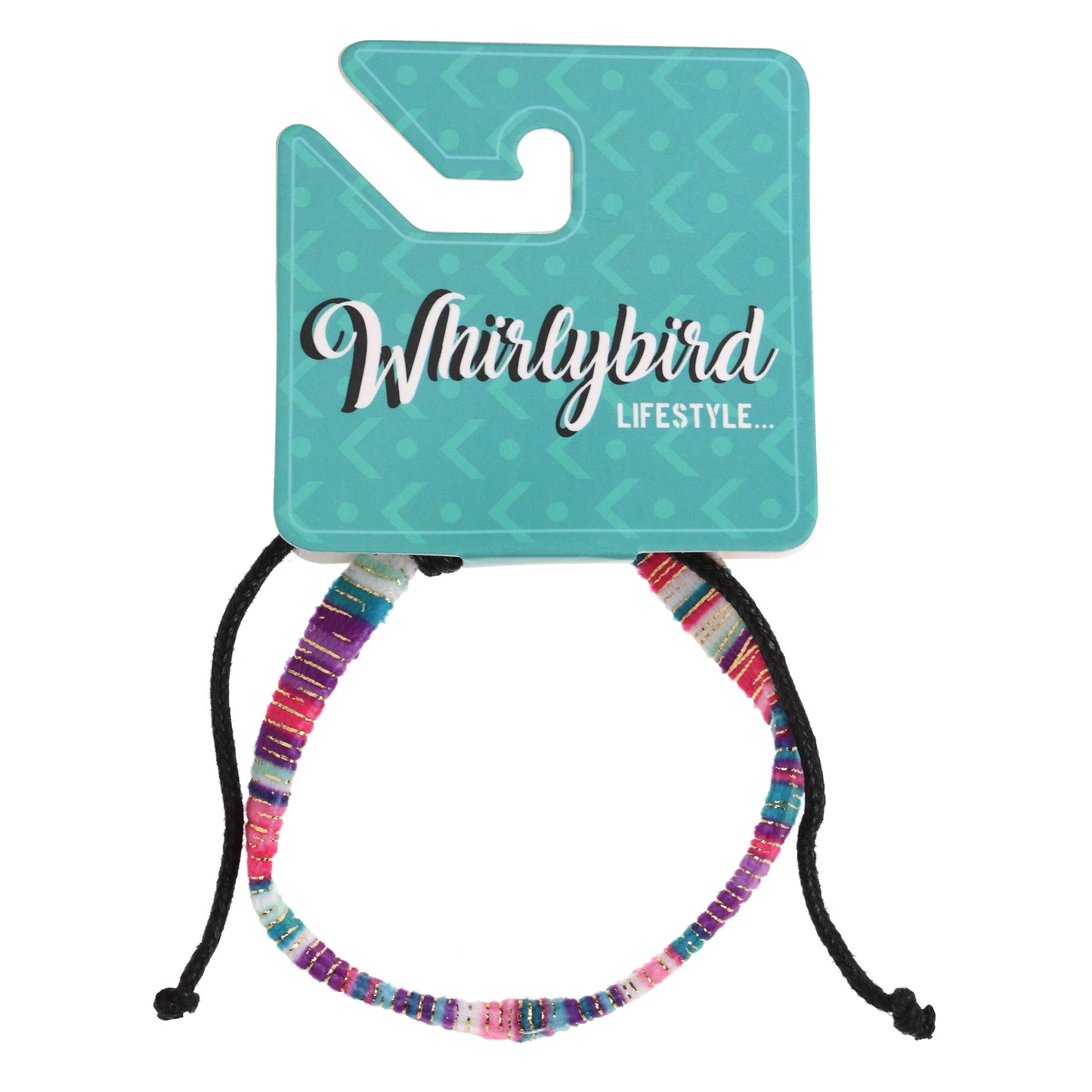 WBL57 - Whirlybird Multicoloured Pink, Purple And Blue Cotton Lifestyle Bracelet With Gold Stripes