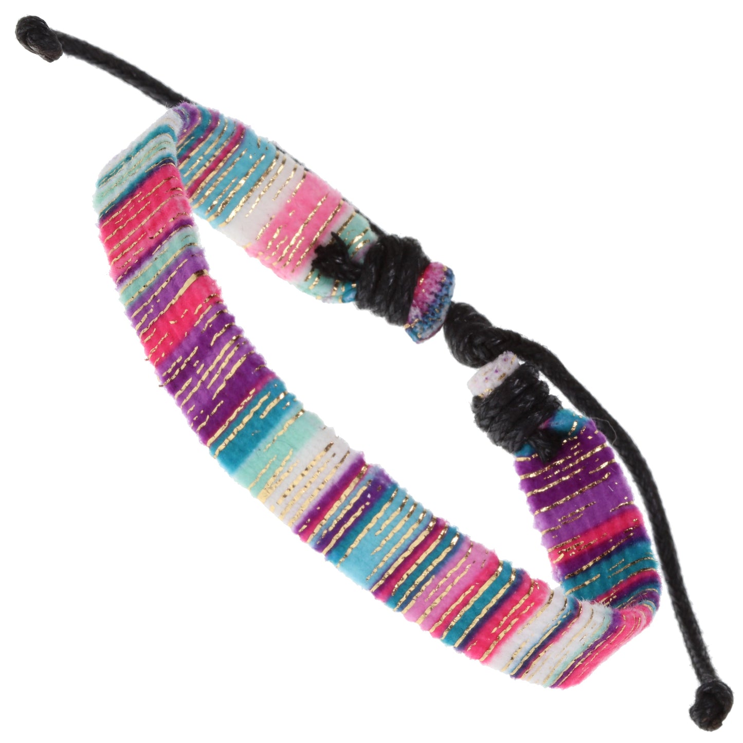 Whirlybird Multicoloured Pink, Purple And Blue Cotton Lifestyle Bracelet With Gold Stripes