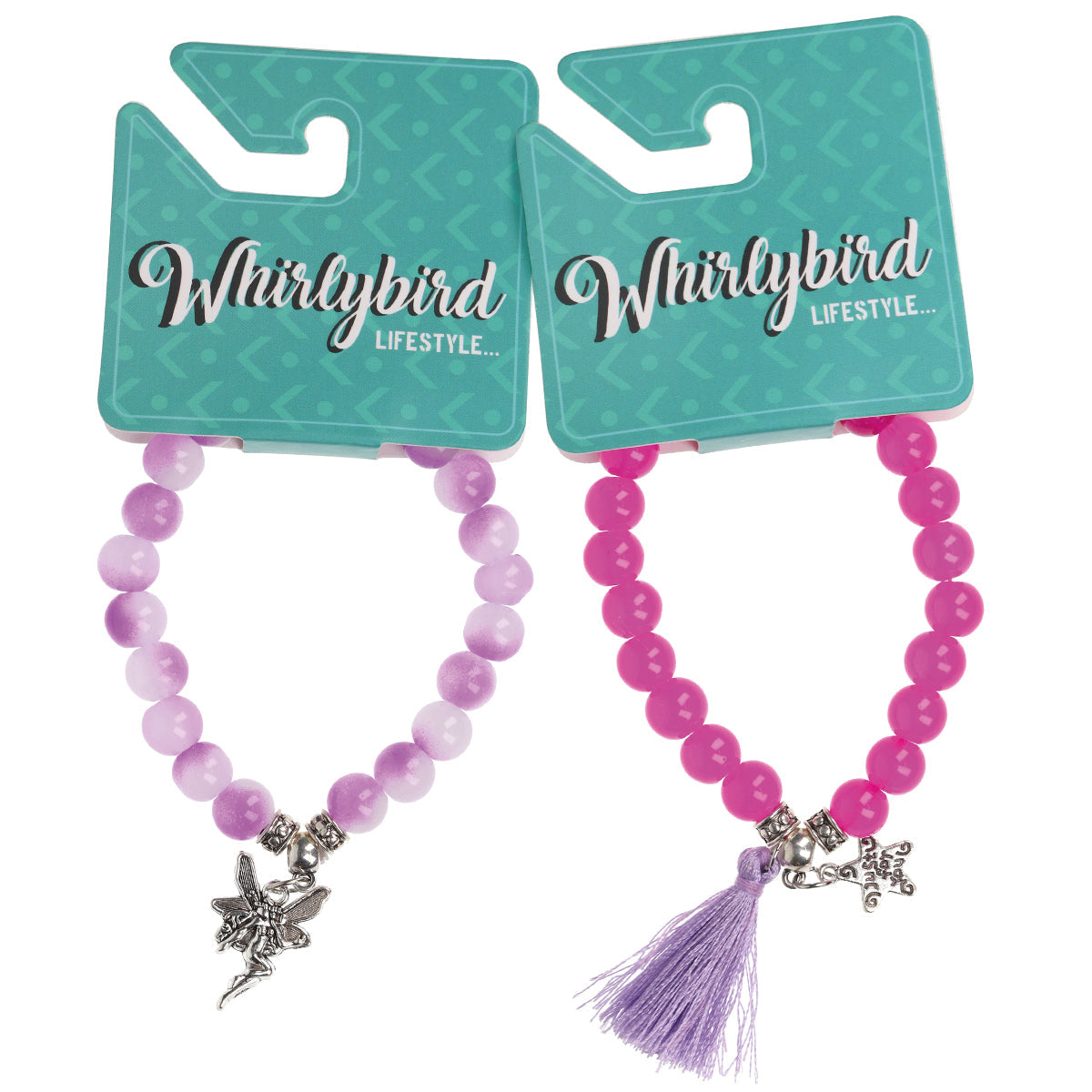 WBL58 - Whirlybird Pale Pink Beaded Bracelet With A Silver Fairy Charm OR A Hot Pink Beaded Bracelet With A Silver Star Charm