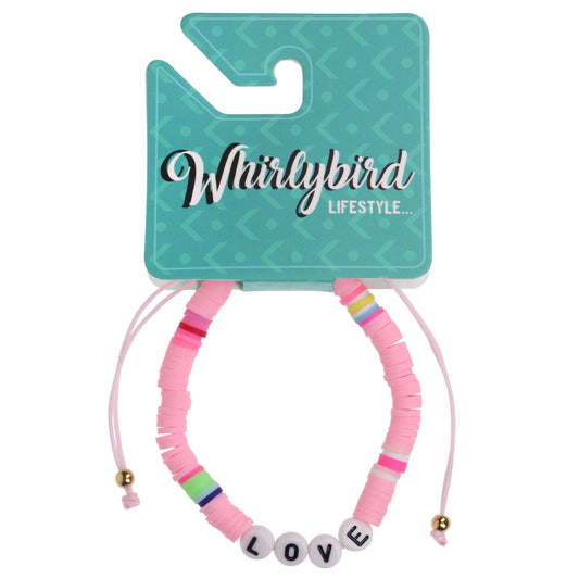 Whirlybird Pink Beaded Lifestyle Bracelet With White Beads Spelling 'Love'