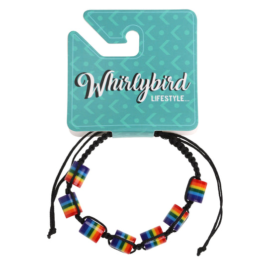 WBL61 - Whirlybird Black Lifestyle Bracelet With Rainbow Coloured Striped Beads