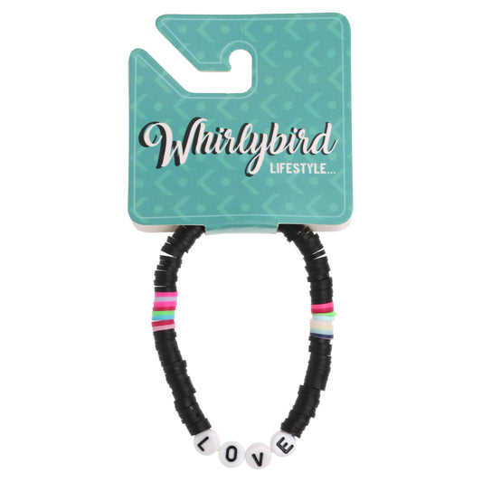 WBL67 - Whirlybird Black And Multicoloured Lifestyle Bracelet With White Beads That Spell 'Love'