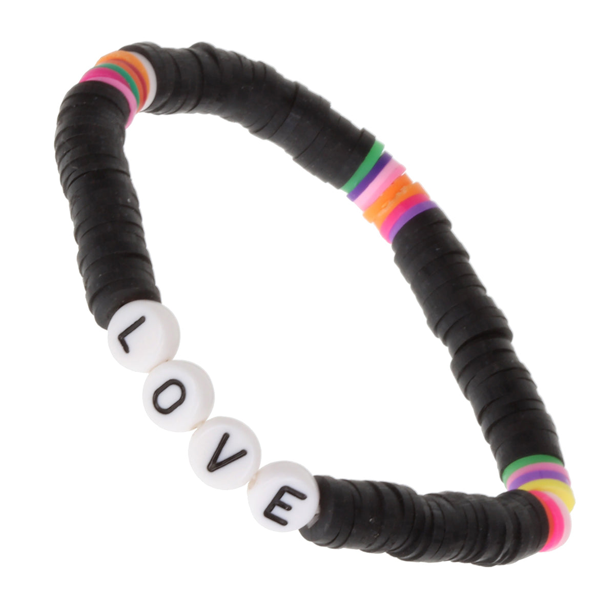 WBL67 - Whirlybird Black And Multicoloured Lifestyle Bracelet With White Beads That Spell 'Love'