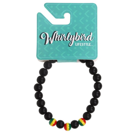 WBL69 - Whirlybird Black Sphere Beaded Lifestyle Bracelet With 3 Red, Yellow And Green Striped Beads