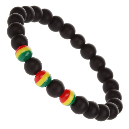 WBL69 - Whirlybird Black Sphere Beaded Lifestyle Bracelet With 3 Red, Yellow And Green Striped Beads