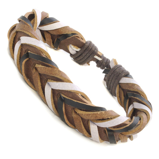 Whirlybird Brown, White And Black Leather Braided Lifestyle Bracelet