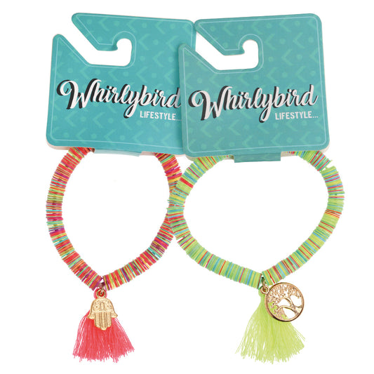 Whirlybird Pink Tassel Hamsa Charm Bracelet OR Yellow Tassel Tree Of Life Bracelet