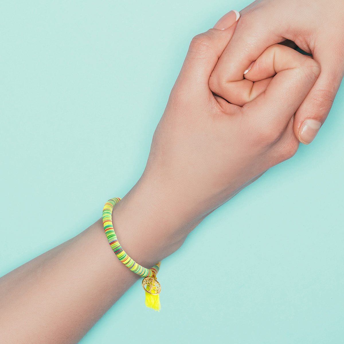 WBL77 - Whirlybird Pink Tassel Hamsa Charm Bracelet OR Yellow Tassel Tree Of Life Bracelet