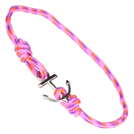 Whirlybird Pink, Orange And Purple Cotton Bracelet With A Silver Anchor Fastening