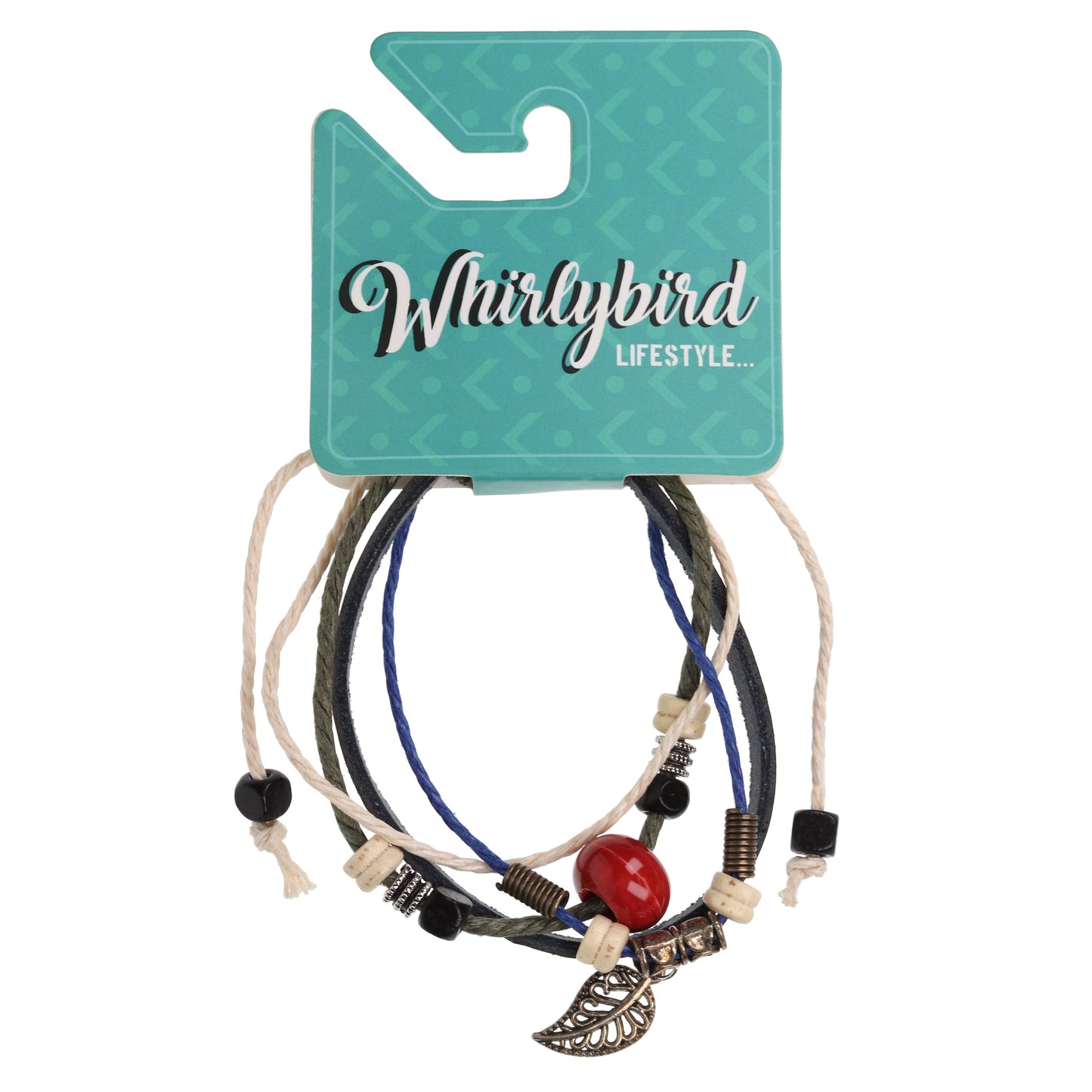 WBL102 - Whirlybird Black Leather Lifestyle Bracelet With Blue, Cream And Khaki Strands And Various Beads And Charms