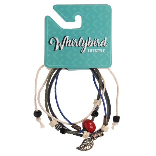WBL102 - Whirlybird Black Leather Lifestyle Bracelet With Blue, Cream And Khaki Strands And Various Beads And Charms