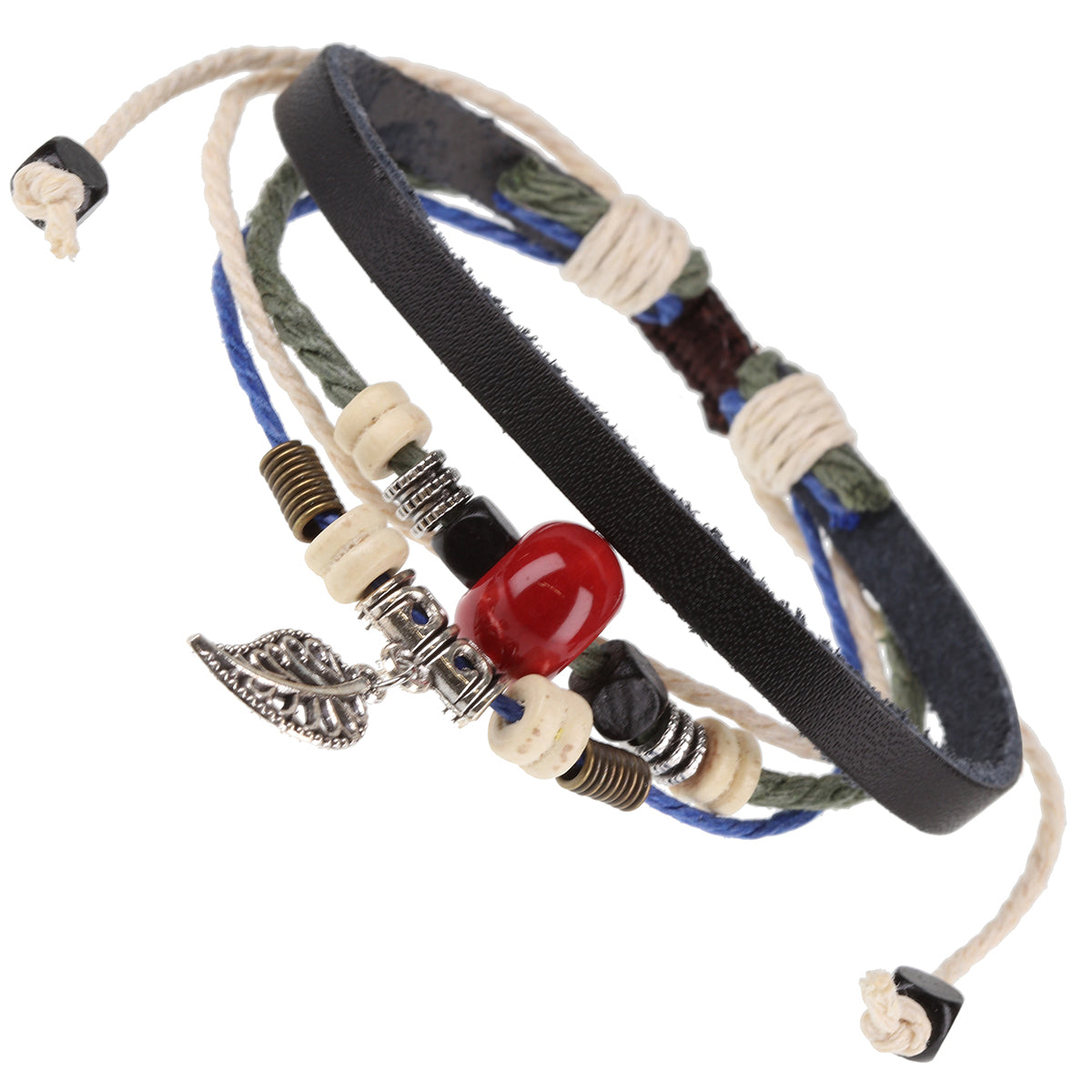 WBL102 - Whirlybird Black Leather Lifestyle Bracelet With Blue, Cream And Khaki Strands And Various Beads And Charms