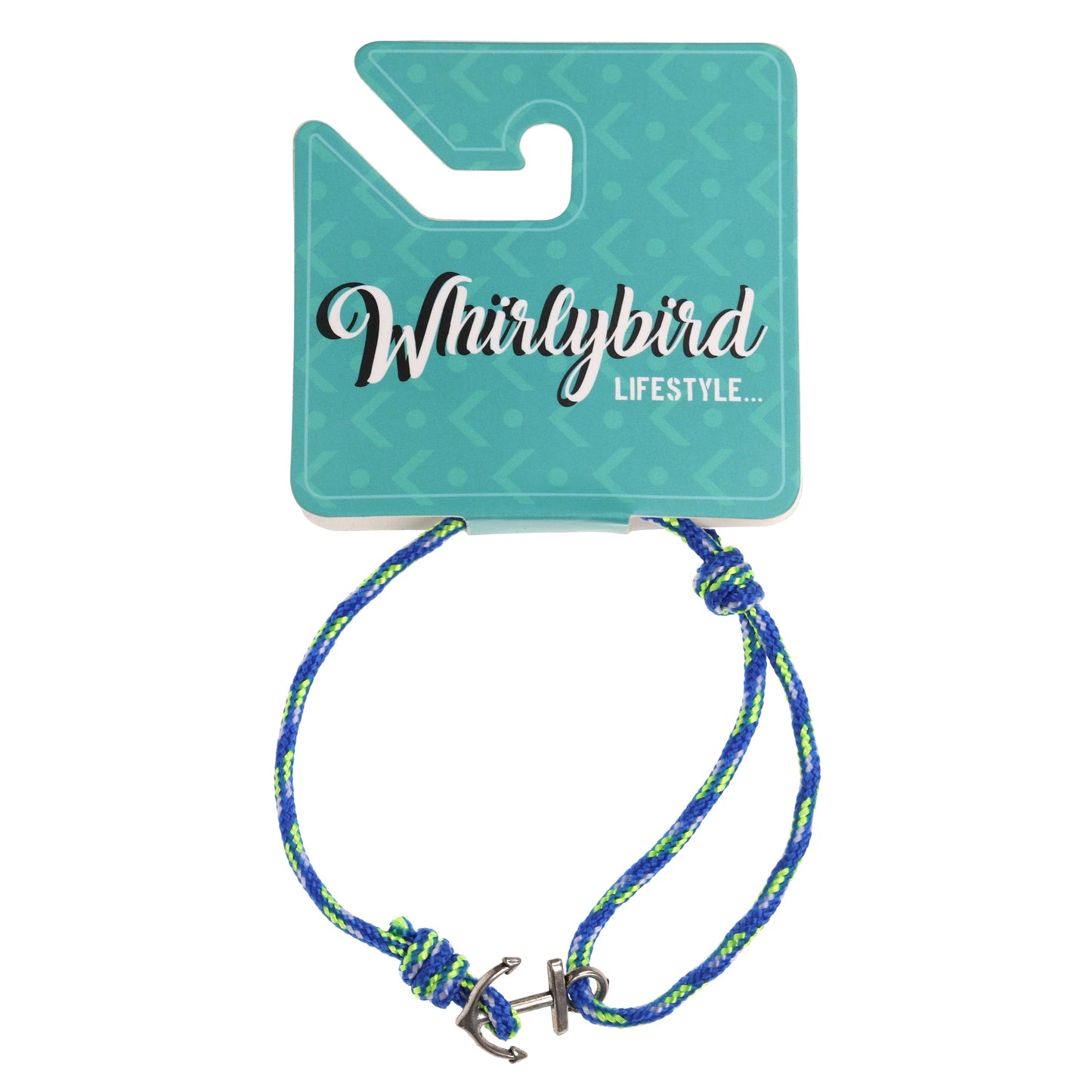 WBL106 - Whirlybird Blue, Neon Green And White Cotton Bracelet With A Silver Anchor Fastening