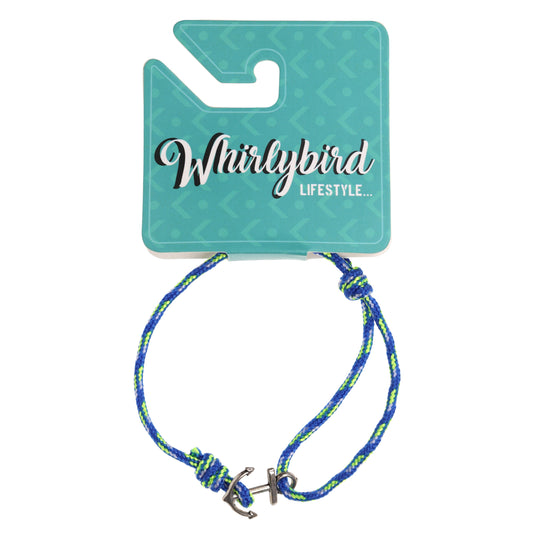WBL106 - Whirlybird Blue, Neon Green And White Cotton Bracelet With A Silver Anchor Fastening