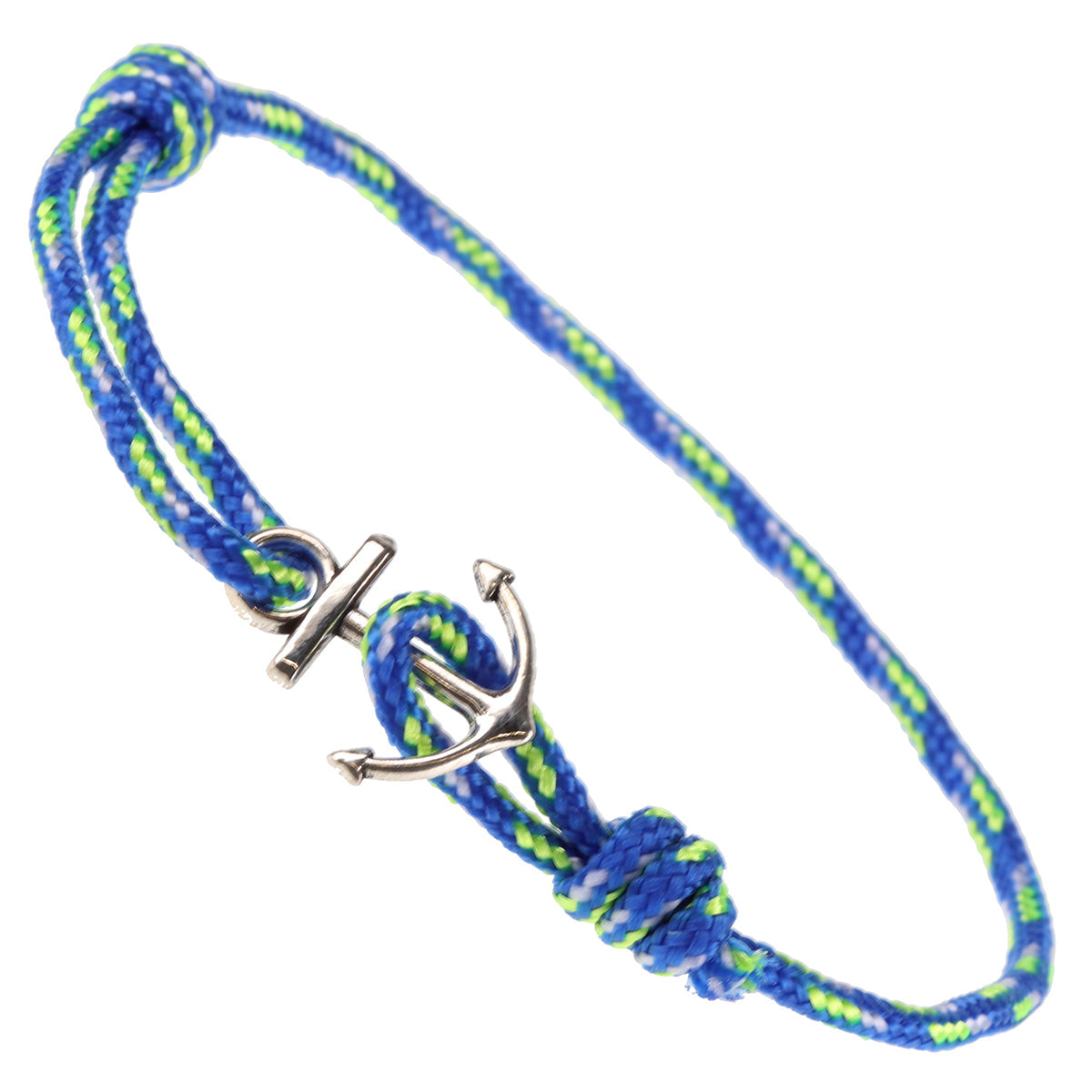 WBL106 - Whirlybird Blue, Neon Green And White Cotton Bracelet With A Silver Anchor Fastening
