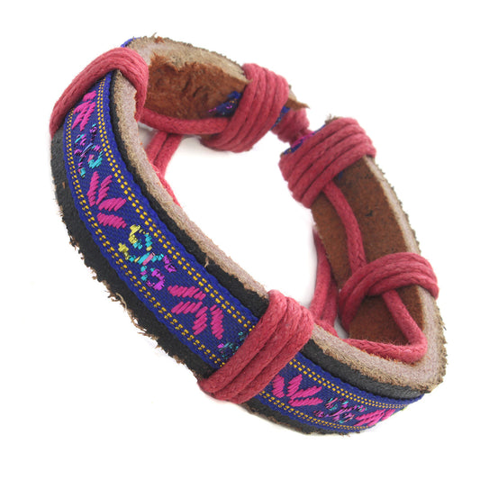 WBL113 - Whirlybird Blue And Pink Leather Lifestyle Bracelet With Multicoloured Patterns