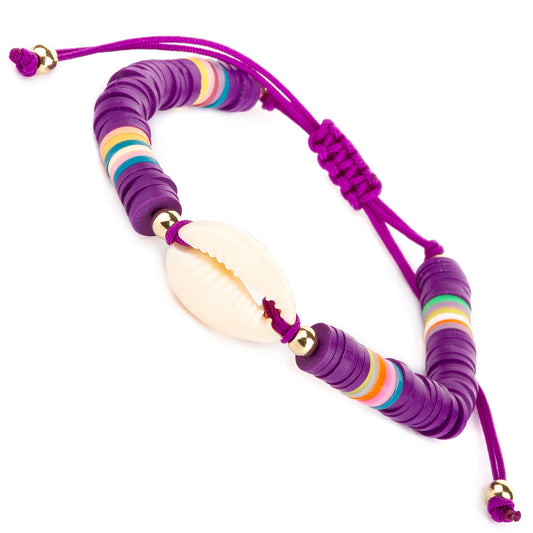WBL117 - Whirlybird Purple Lifestyle Bracelet With Multicoloured Beads And A white Shell Charm