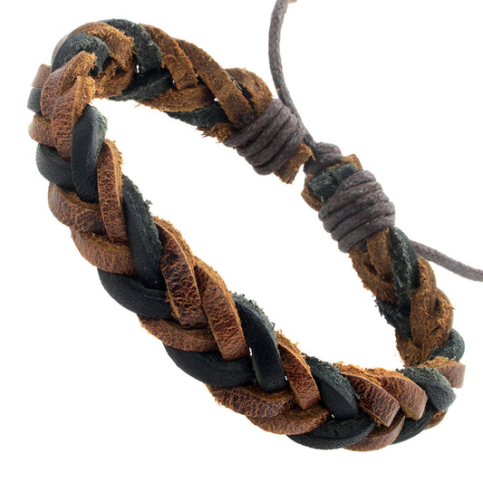 Mens Black And Brown Braided Leather Whirlybird Bracelet
