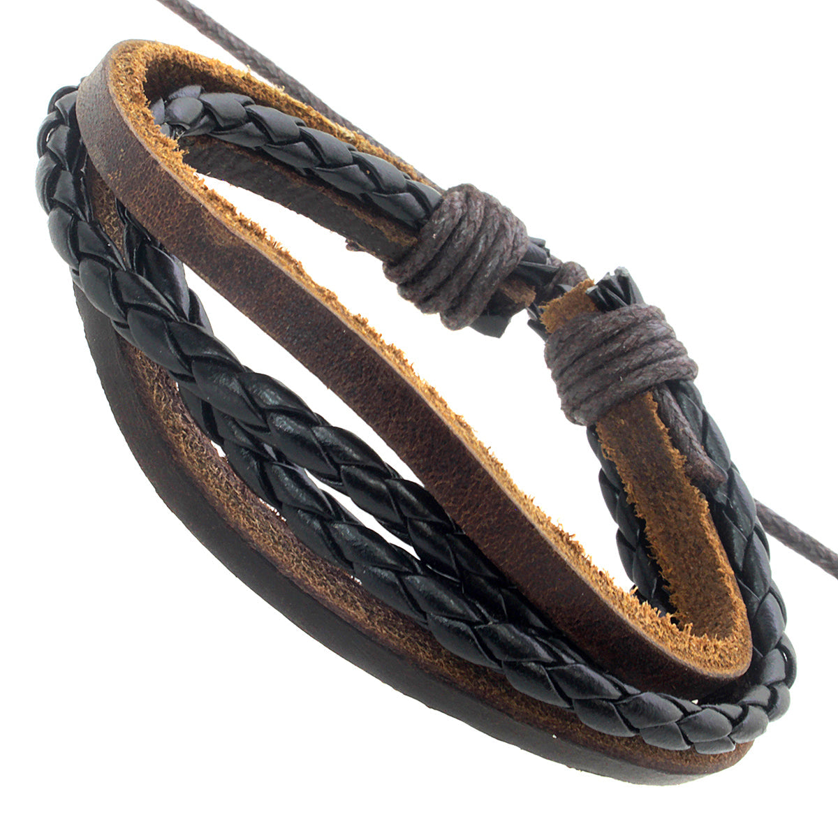 WBLE6 - Mens Brown Leather Whirlybird Bracelet With Black Braids