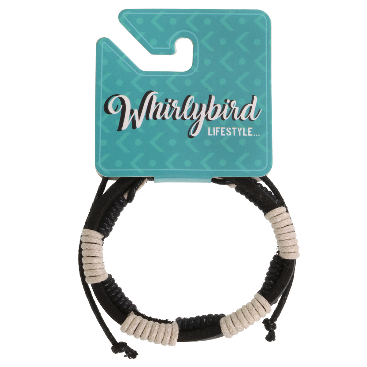 WBLE12 - Men's Black Leather Whirlybird Bracelet with Black & Cream Braids
