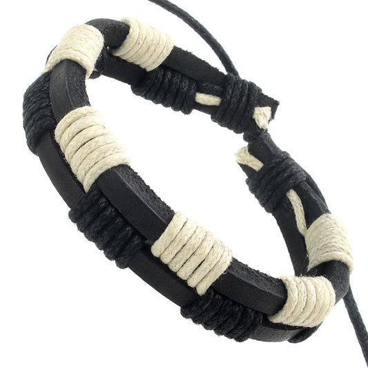 Men's Black Leather Whirlybird Bracelet with Black & Cream Braids