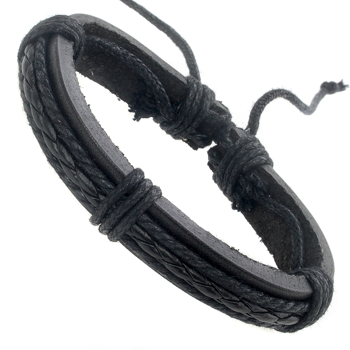 WBLE16 - Mens Black Chunky Leather Whirlybird Bracelet With Braids