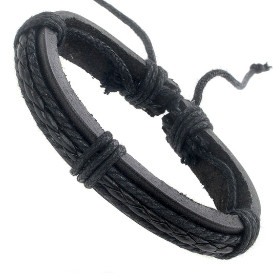 WBLE16 - Mens Black Chunky Leather Whirlybird Bracelet With Braids