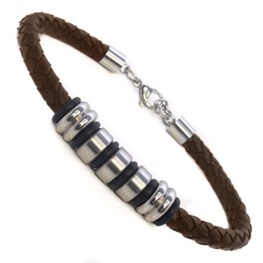 Mens Whirlybird Brown Stainless Steel Bracelet With Silver And Navy Beads