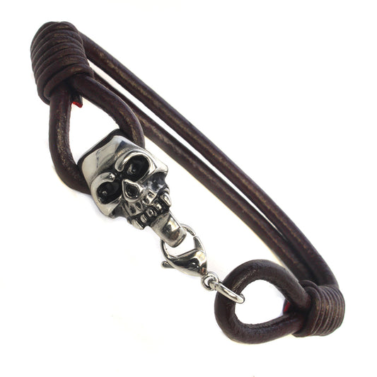 Mens Whirlybird Brown Double Stranded Stainless Steel Skull Clasp Bracelet