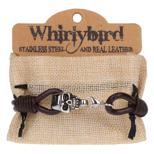 Mens Whirlybird Brown Double Stranded Stainless Steel Skull Clasp Bracelet