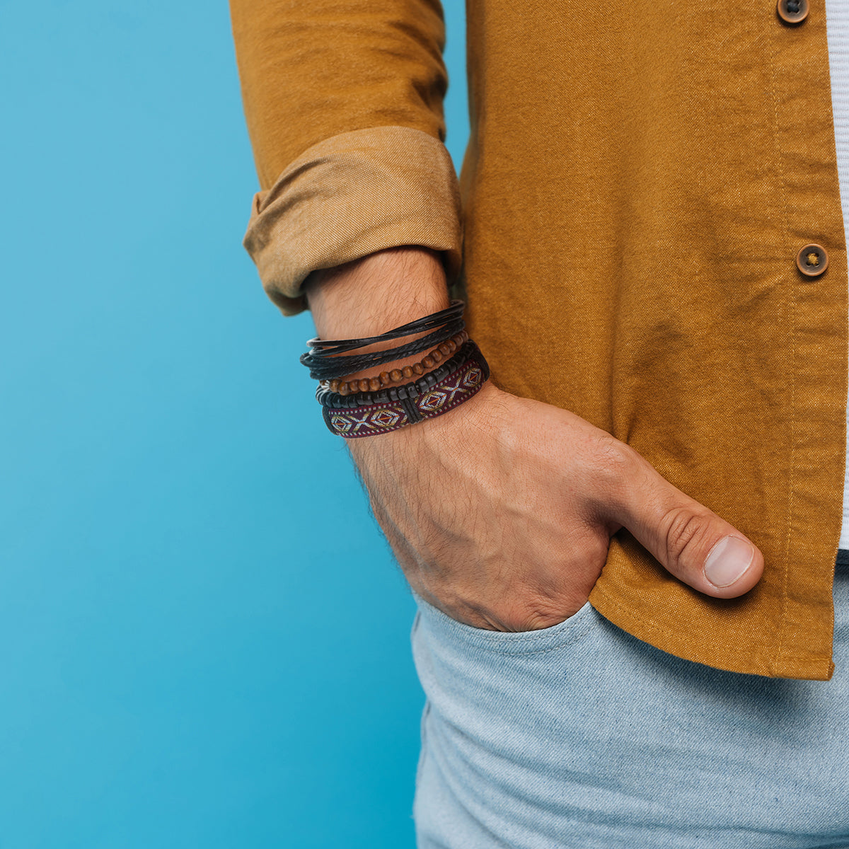 WBST3 - Men's Whirlybird Black And Brown Patterned Stacker Bracelets