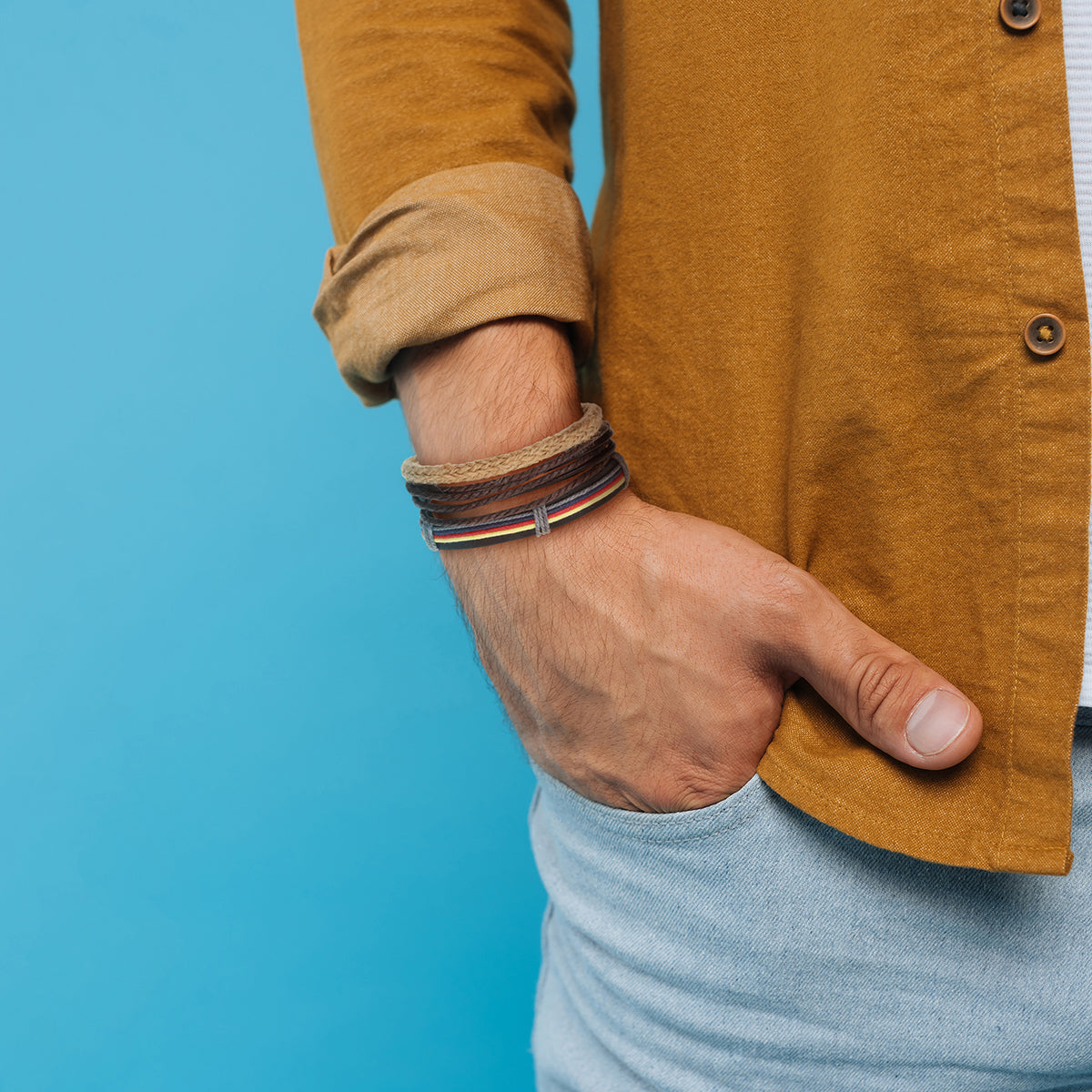 Men's Whirlybird Yellow, Red And Blue Striped Stacker Bracelets