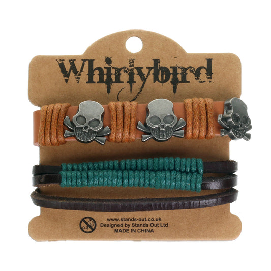 Mens Whirlybird Skull Studded Leather Stacker Bracelets